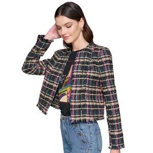 New Karl Lagerfeld Women's Pink and Black Tweed Blazer size 8